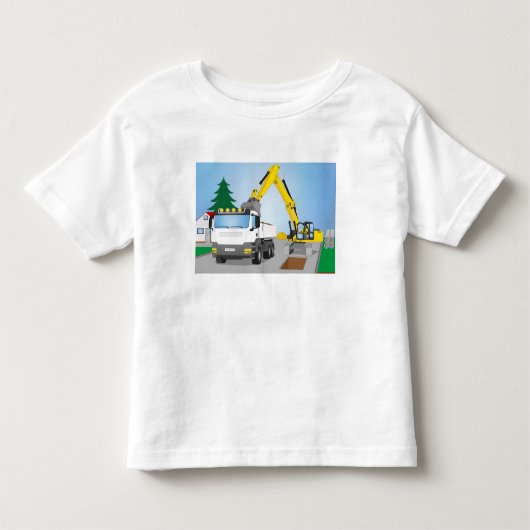 Straßenbaustelle mit weißem LKW und gelben Bagger Kinder Shirts (Voorkant)
