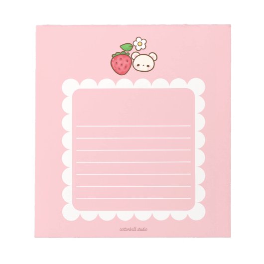 Strawbeary Pink Scallop Border Cute Bear Notepad Notitieblok (Voorkant)
