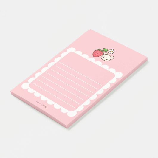 Strawbeary Pink Scallop Border Cute Bear Notepad Post-it® Notes (Schuin)