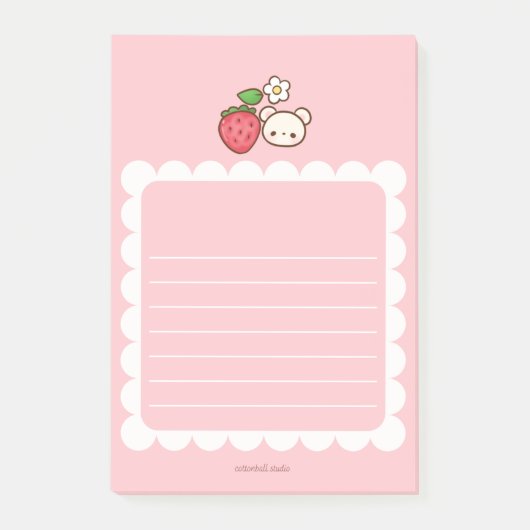 Strawbeary Pink Scallop Border Cute Bear Notepad Post-it® Notes (Voorkant)