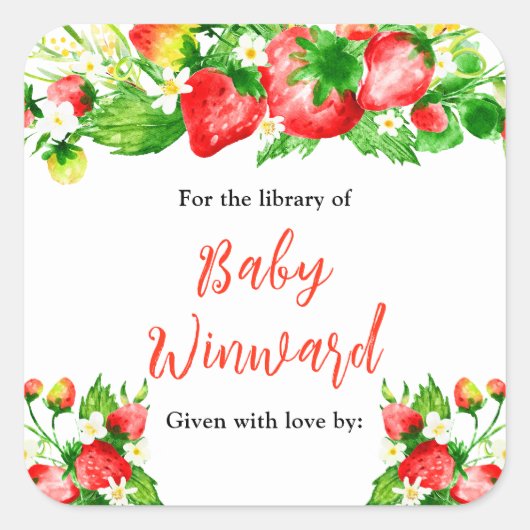 Strawberries and Daisies Baby Shower Bookplate Vierkante Sticker (Voorkant)