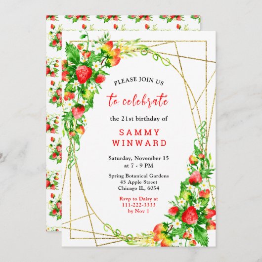 Strawberries and Daisies Birthday Kaart (Voorkant / Achterkant)