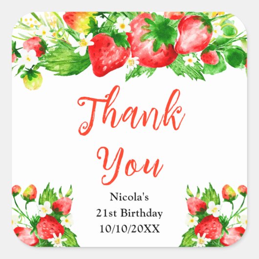 Strawberries and Daisies Birthday Thank You Vierkante Sticker (Voorkant)
