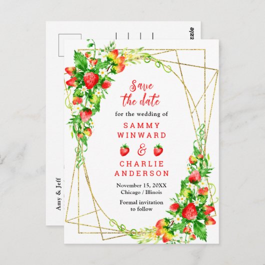Strawberries and Daisies Wedding Save The Date Briefkaart (Voorkant / Achterkant)