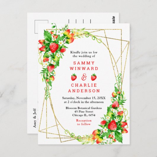 Strawberries and Daisies with Foliage Wedding Briefkaart (Voorkant / Achterkant)