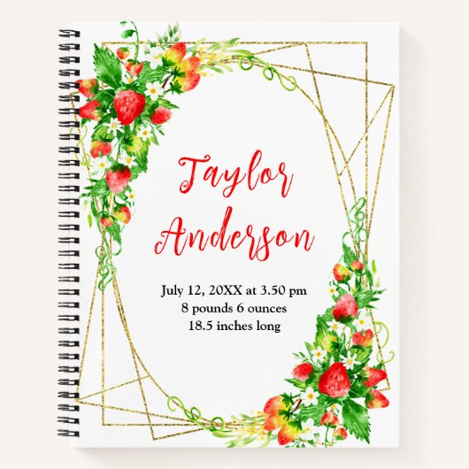Strawberries and Foliage Baby Birth Stats Notitieboek (Voorkant)