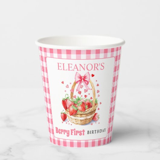 Strawberries and pink bow Berry First Birthday Papieren Bekers (Achterkant)