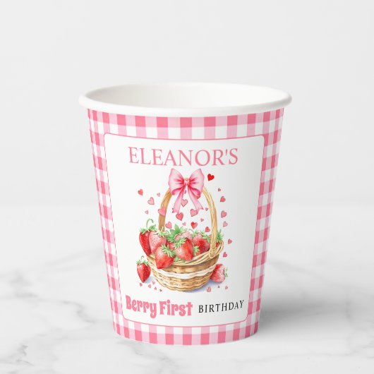 Strawberries and pink bow Berry First Birthday Papieren Bekers (Voorkant)