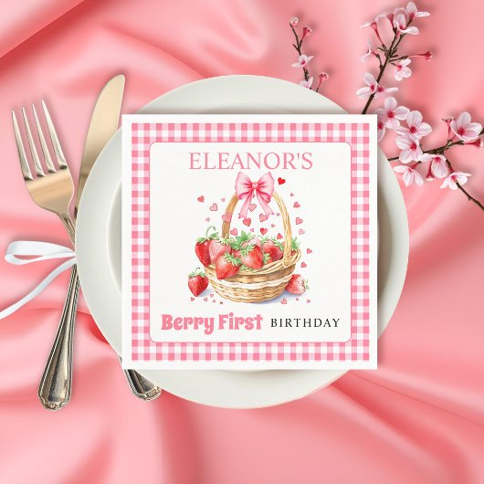 Strawberries and pink bow Berry First Birthday Servet