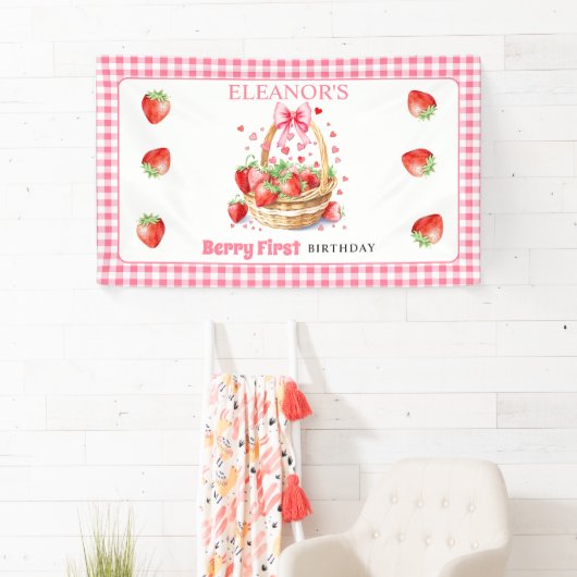 Strawberries and pink bow Berry First Birthday Spandoek (Insitu)