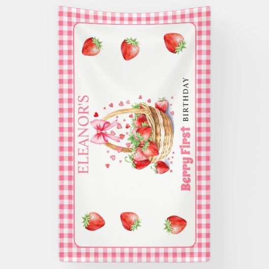 Strawberries and pink bow Berry First Birthday Spandoek (Verticaal)