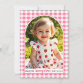 Strawberries hearts bow Berry First Birtday photo Bedankkaart (Achterkant)
