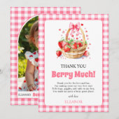 Strawberries hearts bow Berry First Birtday photo Bedankkaart (Voorkant / Achterkant)