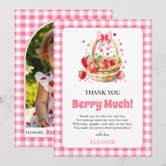 Strawberries hearts bow Berry First Birtday photo Bedankkaart (Voorkant / Achterkant)