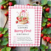 Strawberries hearts pink bow Berry First Birthday Kaart