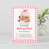 Strawberries hearts pink bow Berry First Birthday Kaart (Staand voorkant)