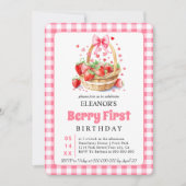 Strawberries hearts pink bow Berry First Birthday Kaart (Voorkant)