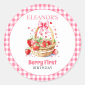 Strawberries hearts,pink bow Berry First Birthday Ronde Sticker (Voorkant)