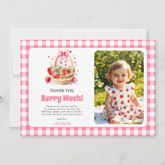 Strawberries, pink bow Berry First Birtday photo Bedankkaart (Voorkant)