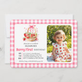 Strawberries, pink bow Berry First Birtday photo Kaart (Voorkant)
