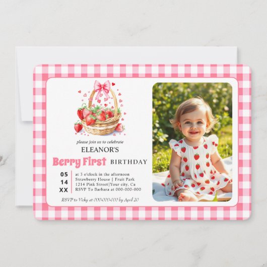 Strawberries, pink bow Berry First Birtday photo Kaart (Voorkant)