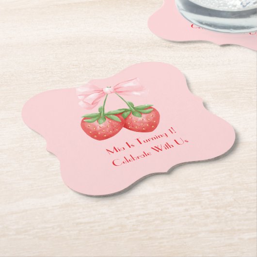 STRAWBERRIES PINK BOW BIRTHDAY KARTONNEN ONDERZETTERS (Gekanteld)