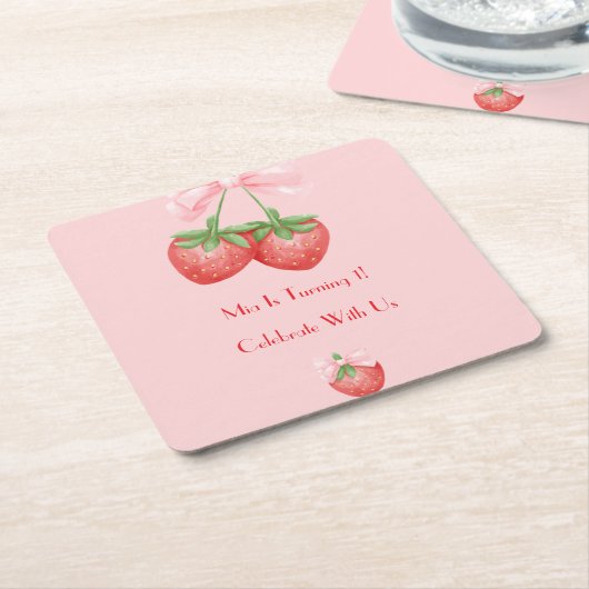 STRAWBERRIES PINK BOW BIRTHDAY  KARTONNEN ONDERZETTERS (Schuin)