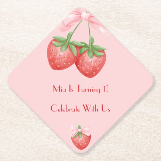 STRAWBERRIES PINK BOW BIRTHDAY  KARTONNEN ONDERZETTERS (Voorkant)
