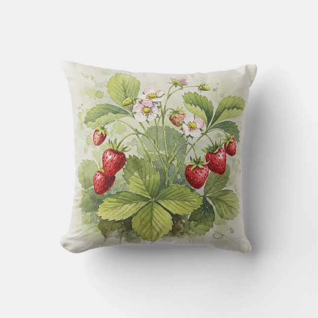 Strawberries Red Green Summer Flower Pillow Kussen (Voorkant)