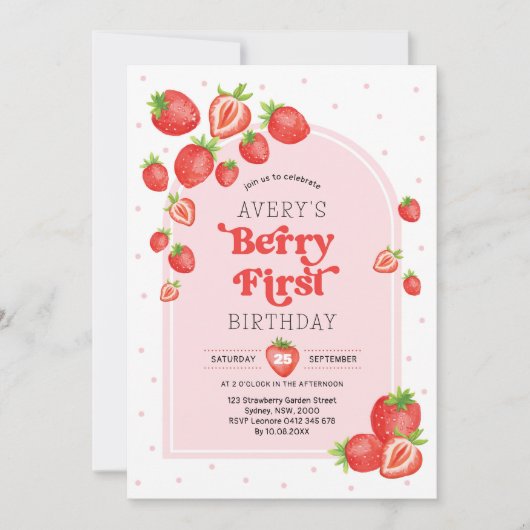 Strawberry 1st Birthday Berry First Photo Party Kaart (Voorkant)