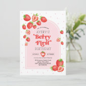 Strawberry 1st Birthday Berry First Photo Party Kaart (Staand voorkant)