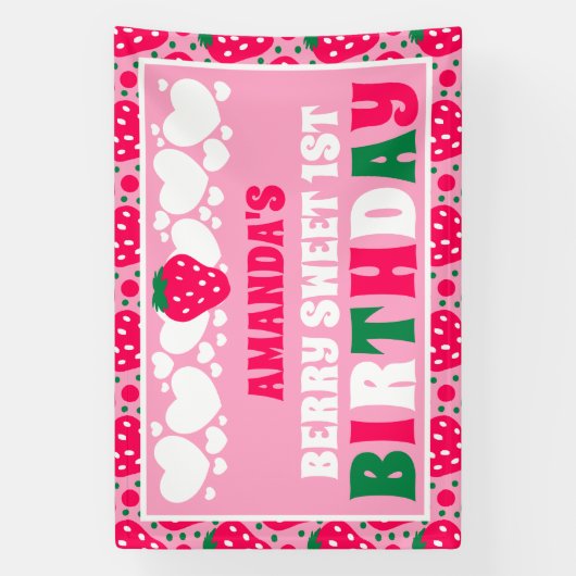 Strawberry 1st Birthday Celebration Spandoek (Verticaal)