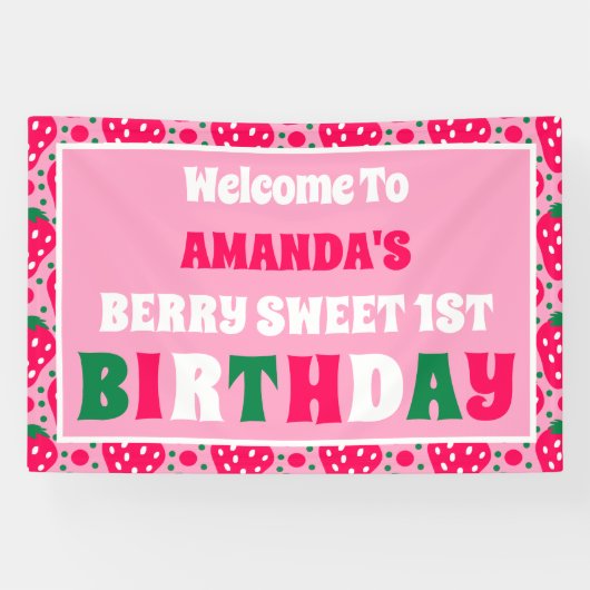 Strawberry 1st Birthday Celebration Welcome Spandoek (Horizontaal)