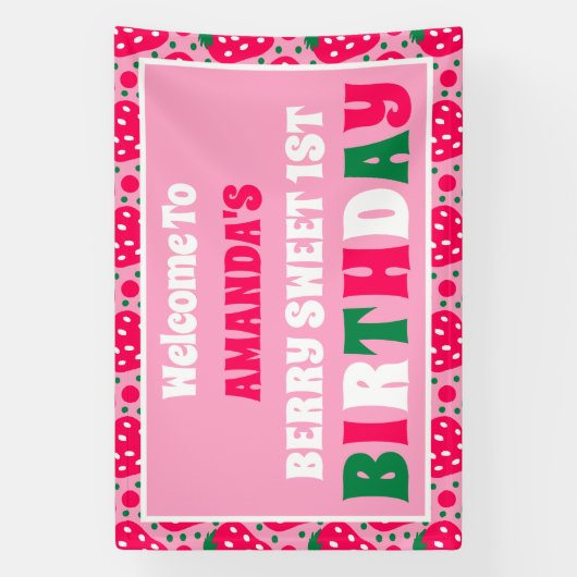 Strawberry 1st Birthday Celebration Welcome Spandoek (Verticaal)