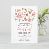 Strawberry 1st Birthday Invite First Berry Sweet Kaart (Staand voorkant)