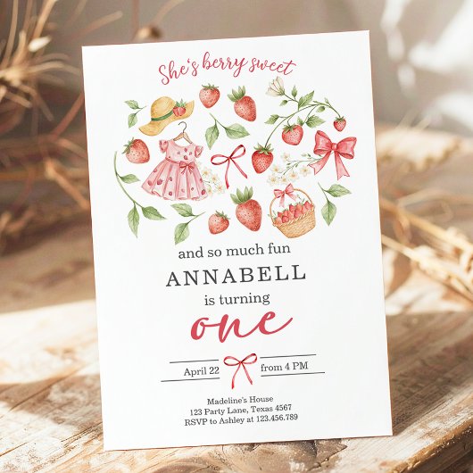 Strawberry 1st Birthday Invite First Berry Sweet Kaart