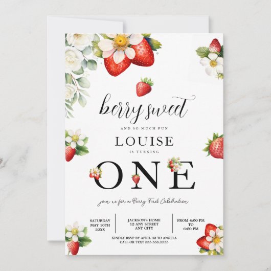 Strawberry 1st Birthday Party Berry First  Kaart (Voorkant)