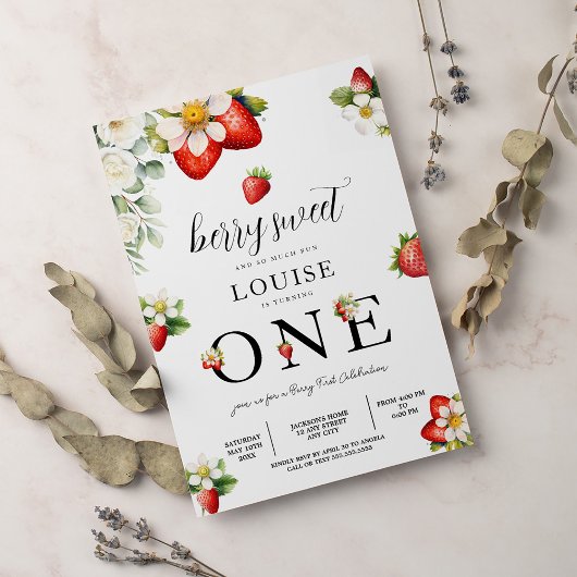 Strawberry 1st Birthday Party Berry First  Kaart