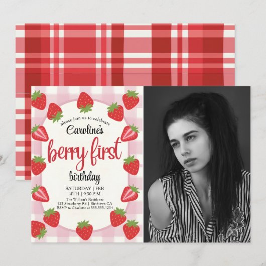 Strawberry 1st Birthday Party Berry First Photo Kaart (Voorkant / Achterkant)