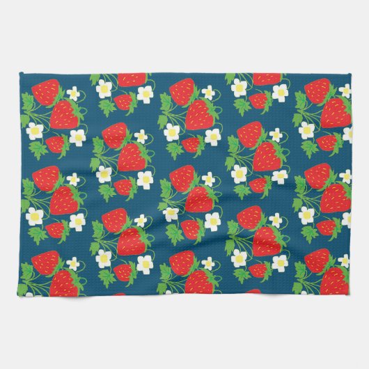 Strawberry and Flower Blue Pattern Theedoek (Horizontaal)