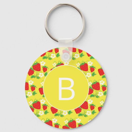 Strawberry and Flower Yellow Pattern Monogrammed Sleutelhanger (Voorkant)