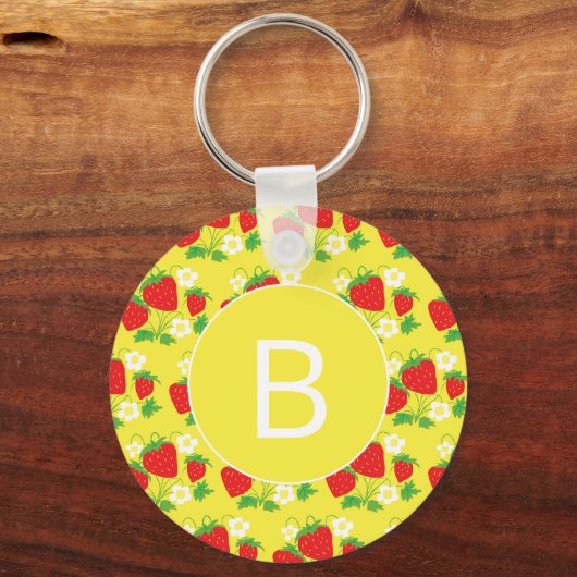 Strawberry and Flower Yellow Pattern Monogrammed Sleutelhanger (Voorkant)