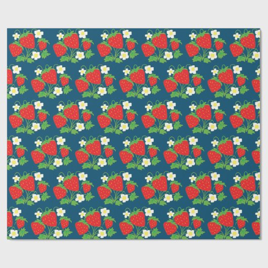 Strawberry and Flowers Pattern Blue Cadeaupapier (Vlak)