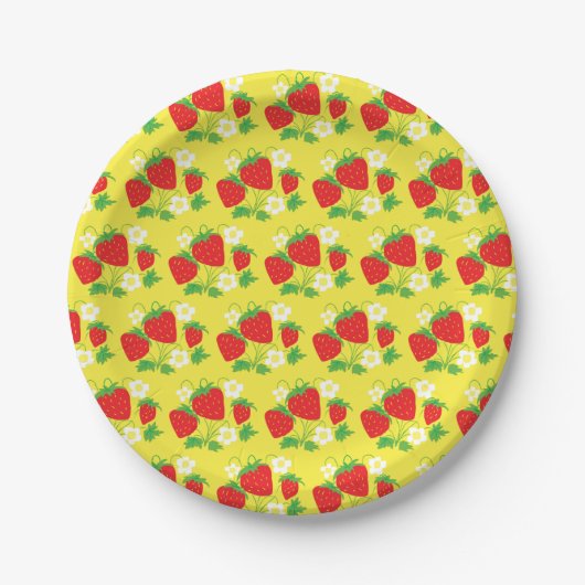 Strawberry and Flowers Pattern Yellow Papieren Bordje (Voorkant)