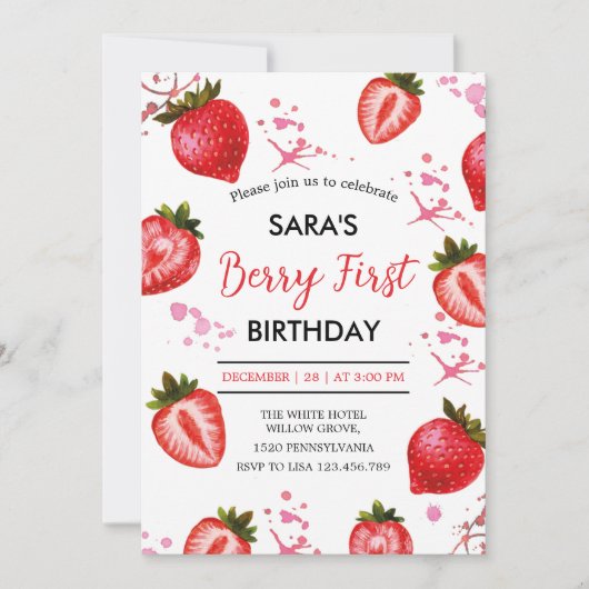 Strawberry and White Party 1e verjaardag voor meis Kaart (Voorkant)
