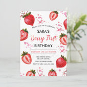 Strawberry and White Party 1e verjaardag voor meis Kaart (Staand voorkant)