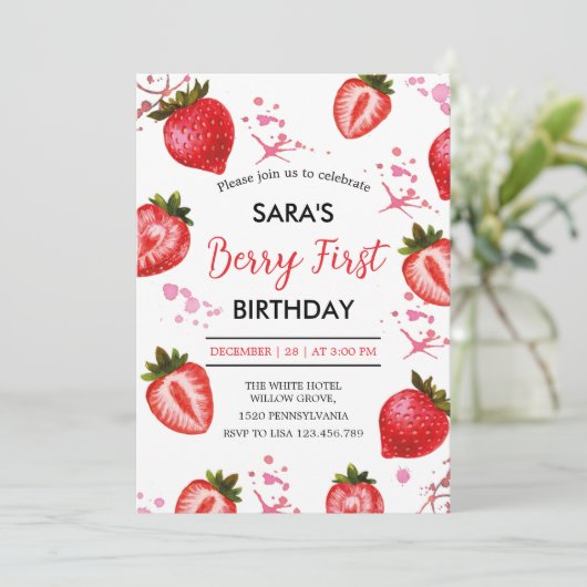 Strawberry and White Party 1e verjaardag voor meis Kaart (Staand voorkant)