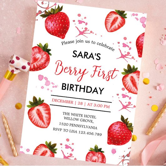 Strawberry and White Party 1e verjaardag voor meis Kaart
