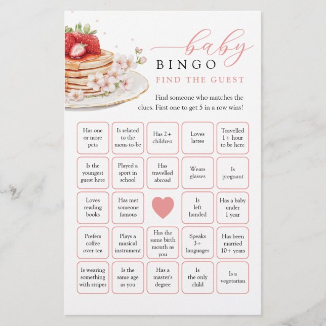 Strawberry Baby Brunch Vind de gast Bingo Game (Voorkant)