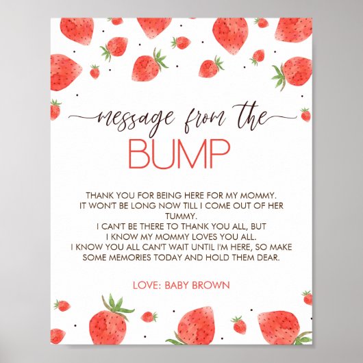 Strawberry Baby shower bericht van het bump teken Poster (Voorkant)